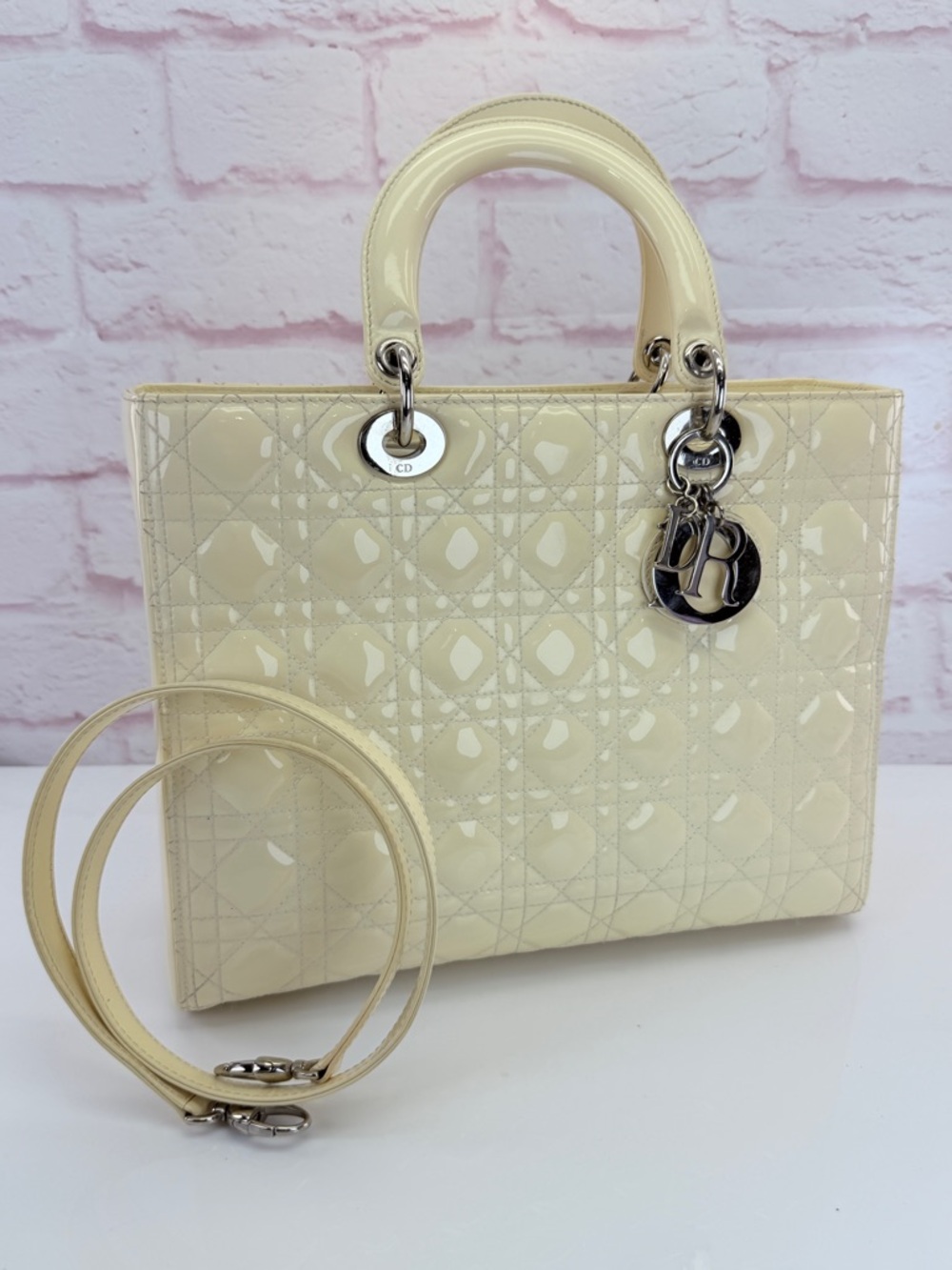 CHRISTIAN DIOR Ivory Cannage Quilted Patent Leather Large Lady Dior Bag